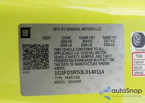 2020 Chevrolet Camaro Rwd 2Lt z USA, uszkodzony, nr VIN 1G1FD1RS3L0140114